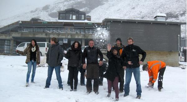 NZSki heads of department enjoy the new snow at The Remarkables today (Monday May 6). Image by Ross Lawrence.